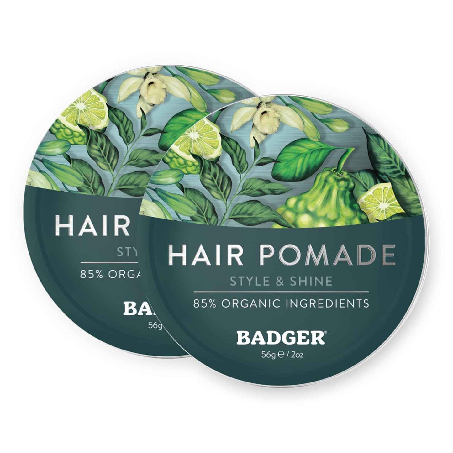 Badger Hair Pomade for Men, Organic, Easy to Use, Subtle Masculine Scent, Medium Hold Hair Pomade with Medium Shine Finish, Nourishes Hair & Scalp 2 oz Tin, 2-Pack