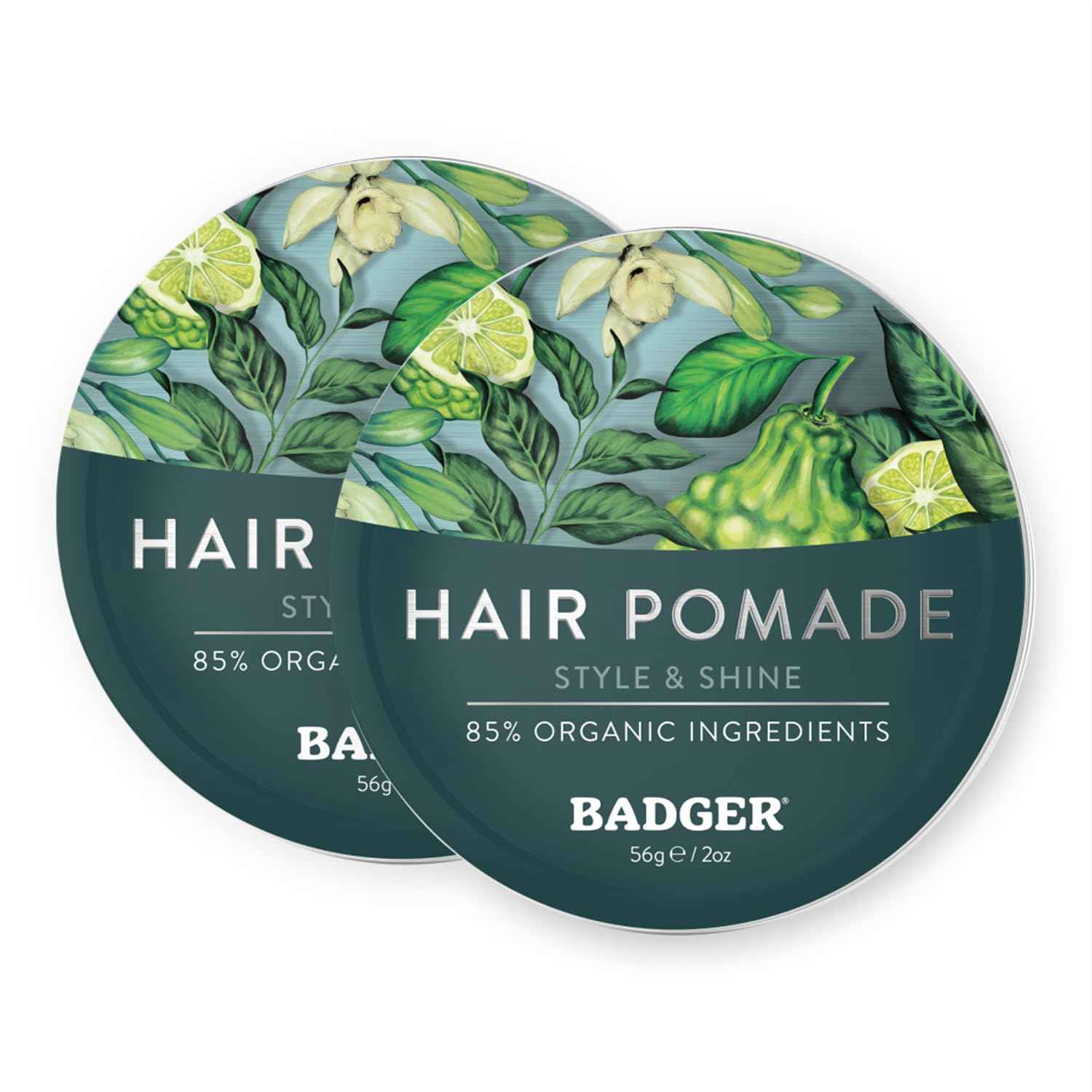 Badger Hair Pomade for Men, Organic, Easy to Use, Subtle Masculine Scent, Medium Hold Hair Pomade with Medium Shine Finish, Nourishes Hair & Scalp 2 oz Tin, 2-Pack