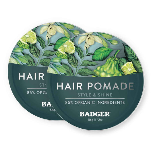 Badger Hair Pomade for Men, Organic, Easy to Use, Subtle Masculine Scent, Medium Hold Hair Pomade with Medium Shine Finish, Nourishes Hair & Scalp 2 oz Tin, 2-Pack