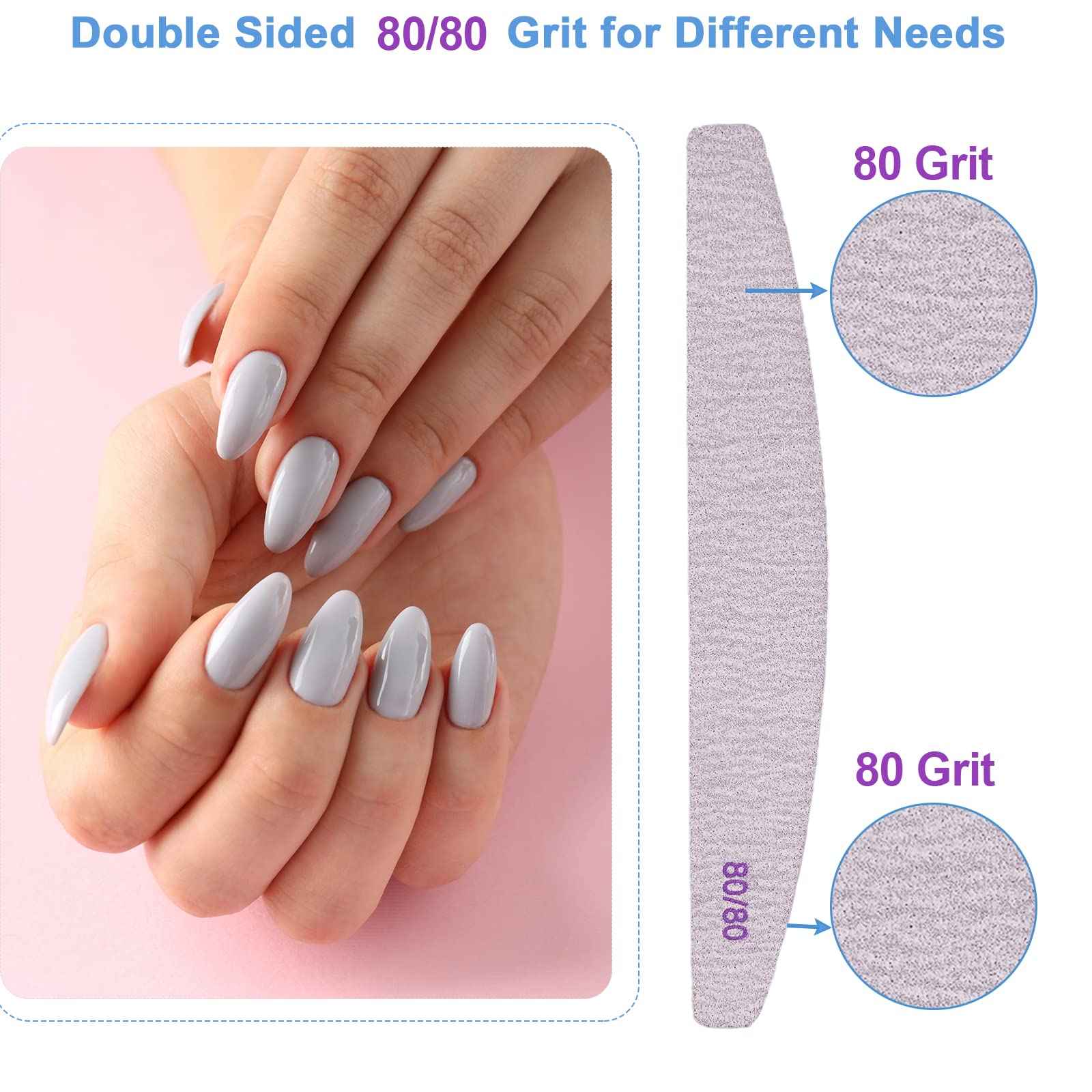 Nail Files 80/80 Grit (100 Pack), Emery Boards for Acrylic Nails and Gel Nails, Coarse Nail File 80 Grits Double Sided Emory Board Professional Nail Filers Reusable Washable Manicure Curved Gray Bulk