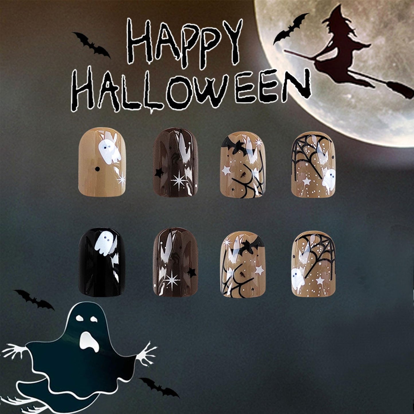 Halloween Press on Nails Short Square Fake Nails Press ons Brown Full Cover Glue on Nails Spider Web Bat Ghost Design False Nails Glossy Artificial Stick on Nails for Women 24Pcs