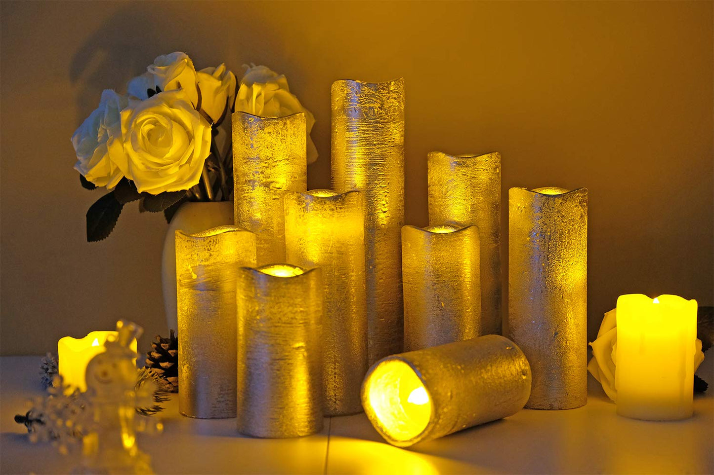 DRomance LED Flameless Flickering Candles Battery Operated with Remote and Timer, Set of 9 Silver Coating Warm Light Real Wax Pillar Candles for Christmas Home Decoration(D 2.2" x H 4"-9")