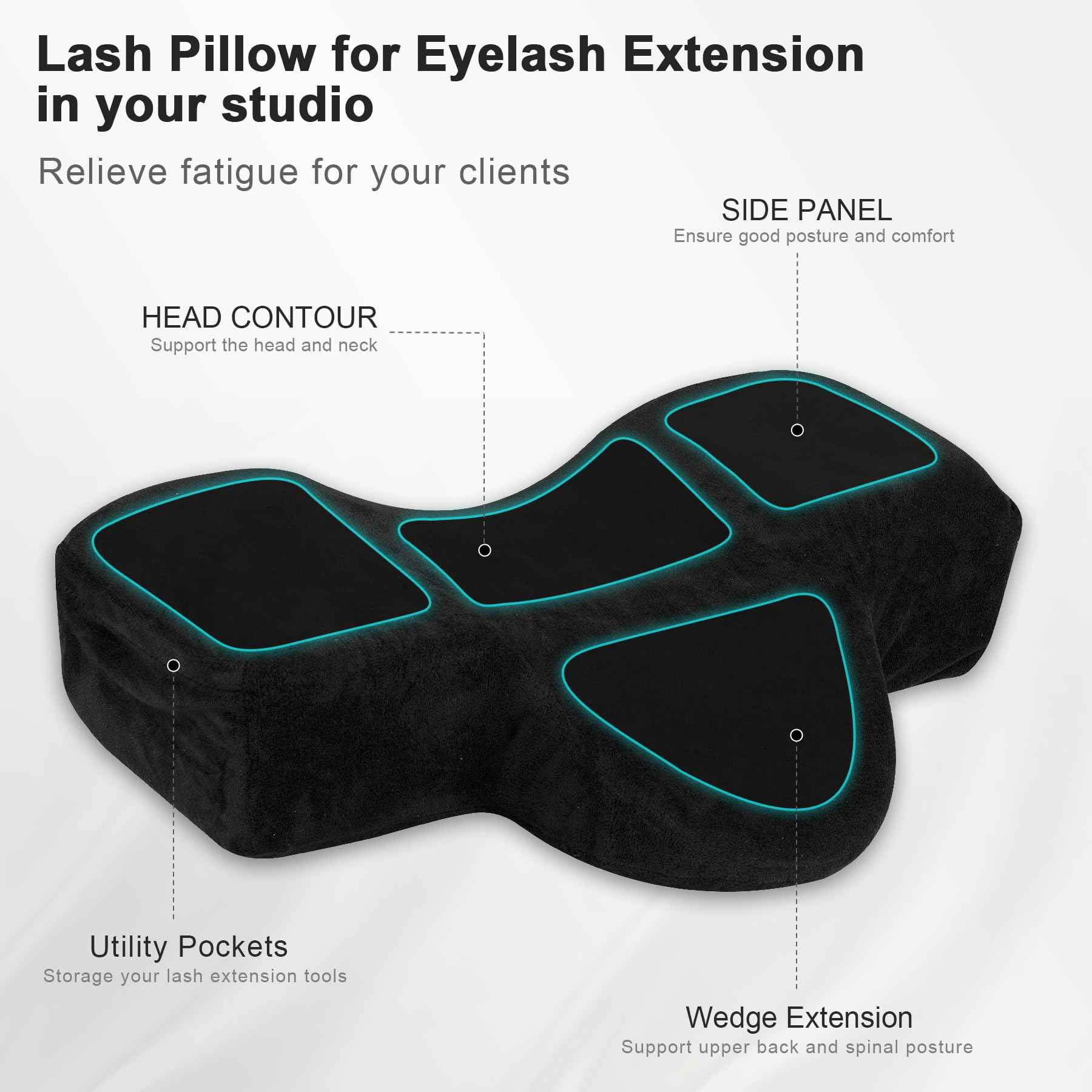 IMENE Lash Pillow for Eyelash Extensions- Memory Foam Lash Pillow with Neck and Back Support, Large Ergonomic lash Bed Pillow with Velvet Pillowcase and Lash Organizer Pockets