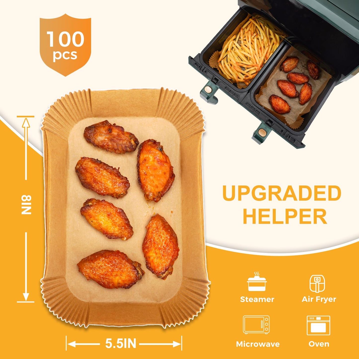 Vailnd Air Fryer Paper Liners Disposable, 100Pcs 8x5.5" Rectangle Parchment Paper Sheets, Non-stick Food Grade Liners for Rectangular Air Fryer Basket Oilproof Waterproof