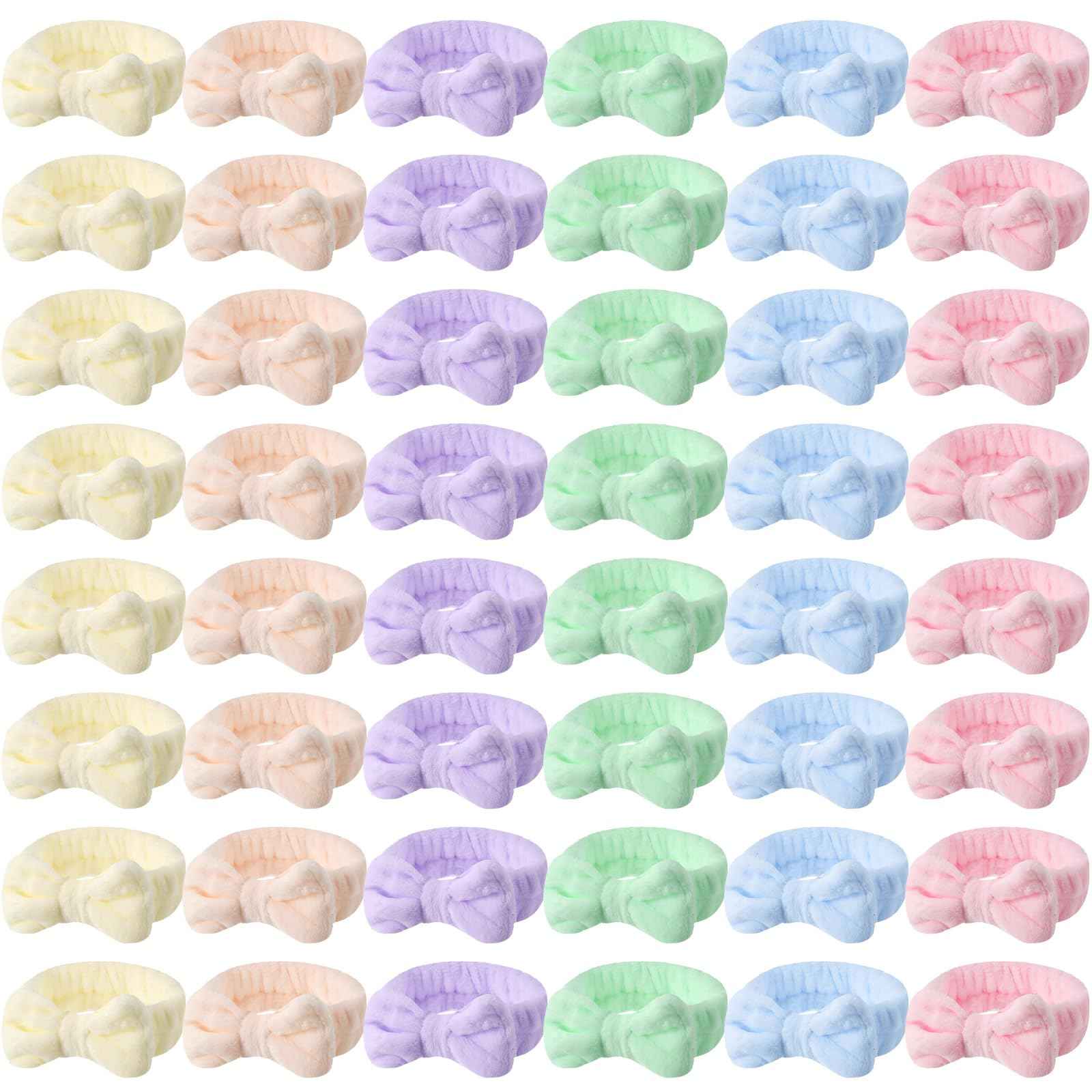 WILLBOND 48 Pieces Pastel Spa Headband Bulk Flannel Bow Hair Band Fluffy Plush Facial Makeup Headband for Women Washing Face Spa Shower Cleansing