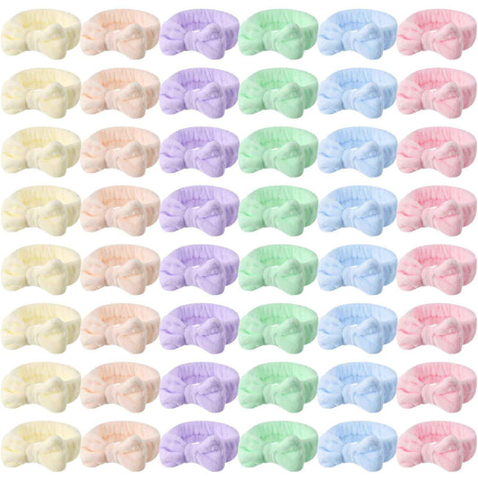 WILLBOND 48 Pieces Pastel Spa Headband Bulk Flannel Bow Hair Band Fluffy Plush Facial Makeup Headband for Women Washing Face Spa Shower Cleansing