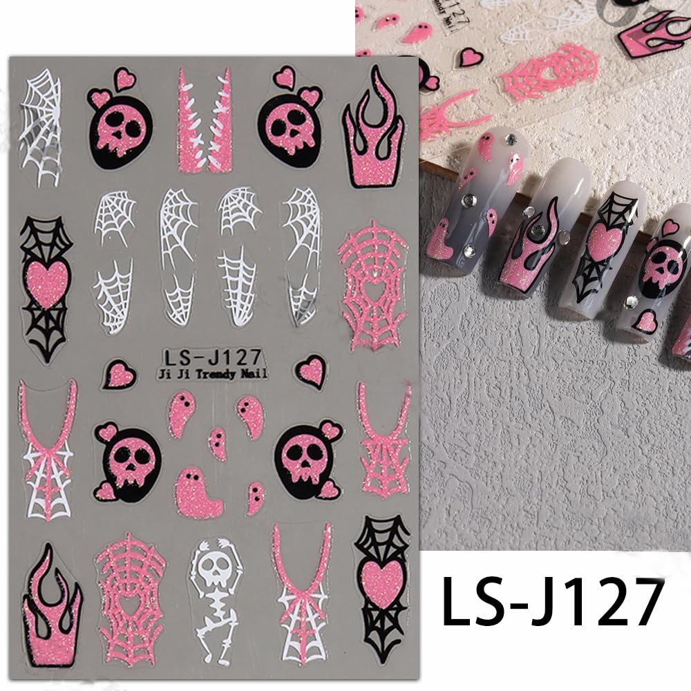 4 Sheet Halloween Nail Art Stickers Halloween 3D Self-Adhesive Cartoon Nail Stickers Decals Cute Butterfly Flame Heart Spider Web Skull Designs Halloween Nail Decorations DIY Nail Supplies for Women