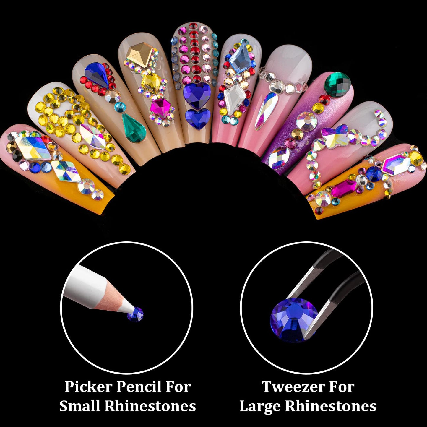 4 Mixed Colors Flatback Round Rhinestones Kit #3, Multi Size Glass Crystals Bead with Pickup Pencil and Tweezer for Nail Art