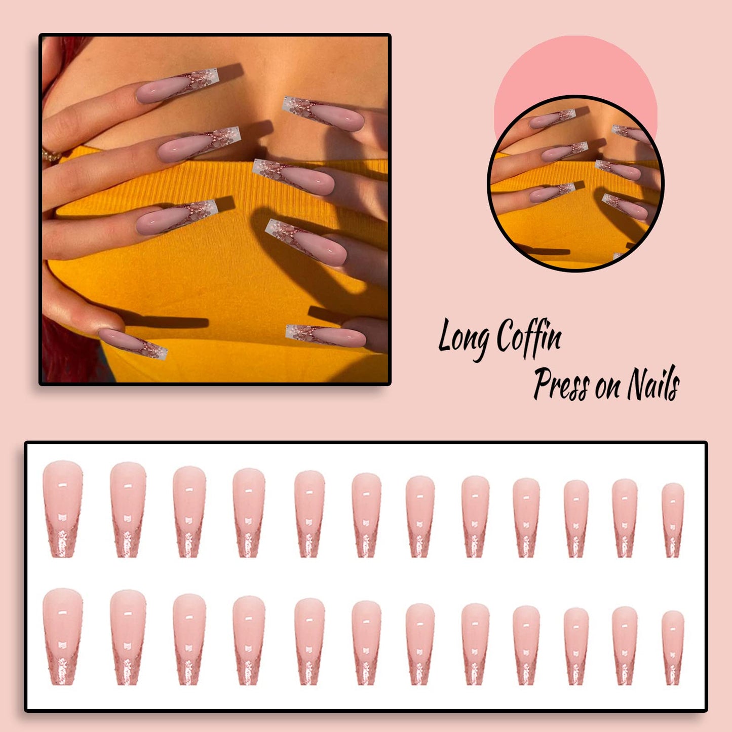 FOAMEE French Tip Press on Nails Long Coffin Fake Nails with Pink Sequins Designs Acrylic Glossy False Nails for Women