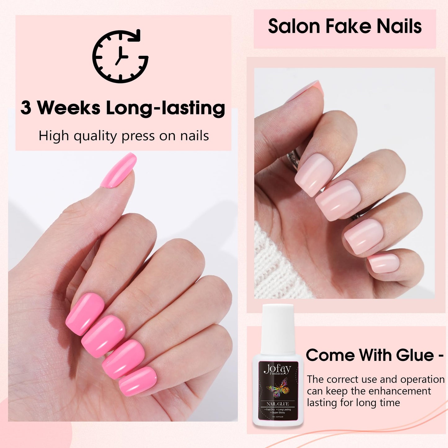 Jofay Fashion Gel Nail Tips - Gel x Press On Nails Short Kit Acrylic Fake Nails 10 Packsï¼?40 Pcs) Soild Press On Nails Square Glue On Nails with Nail Glue, Fit Perfectly & Natural Stick On Nails Set