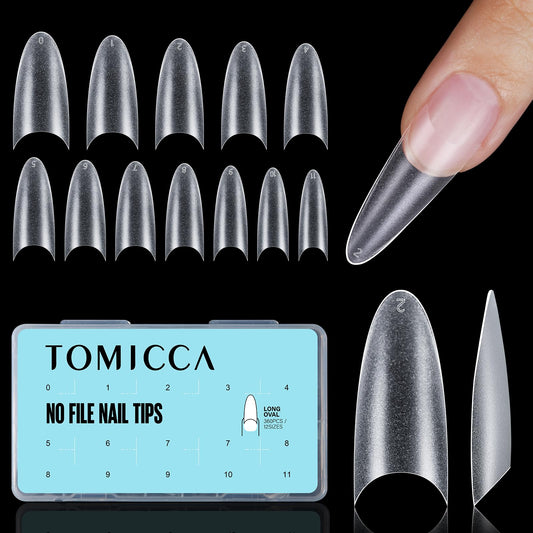 TOMICCA Long Oval Nail Tips, 360pcs Full Matte Half Cover Nail Tips, Pre-Shaped Soft Gel False Nails, Acrylic Fake Nail Tips for Nail Extension Art Home DIY Nail Salon 15 Sizes