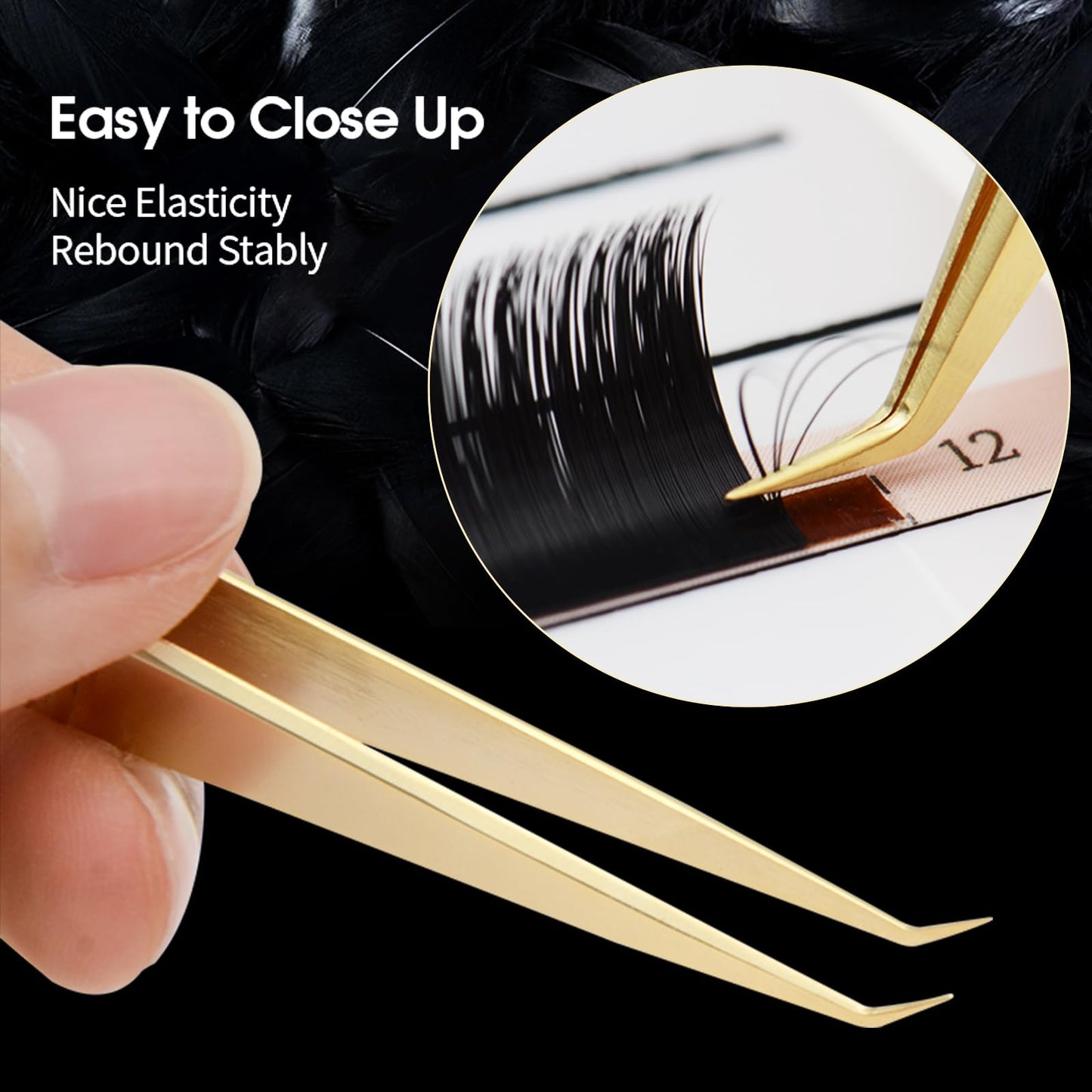 NAGARAKU Gold Tweezers for Eyelash Extensions Curved Angled Volume Cluster Super Light Weight Easy Fanning Tweezers Stainless Steel Precision (N-06)