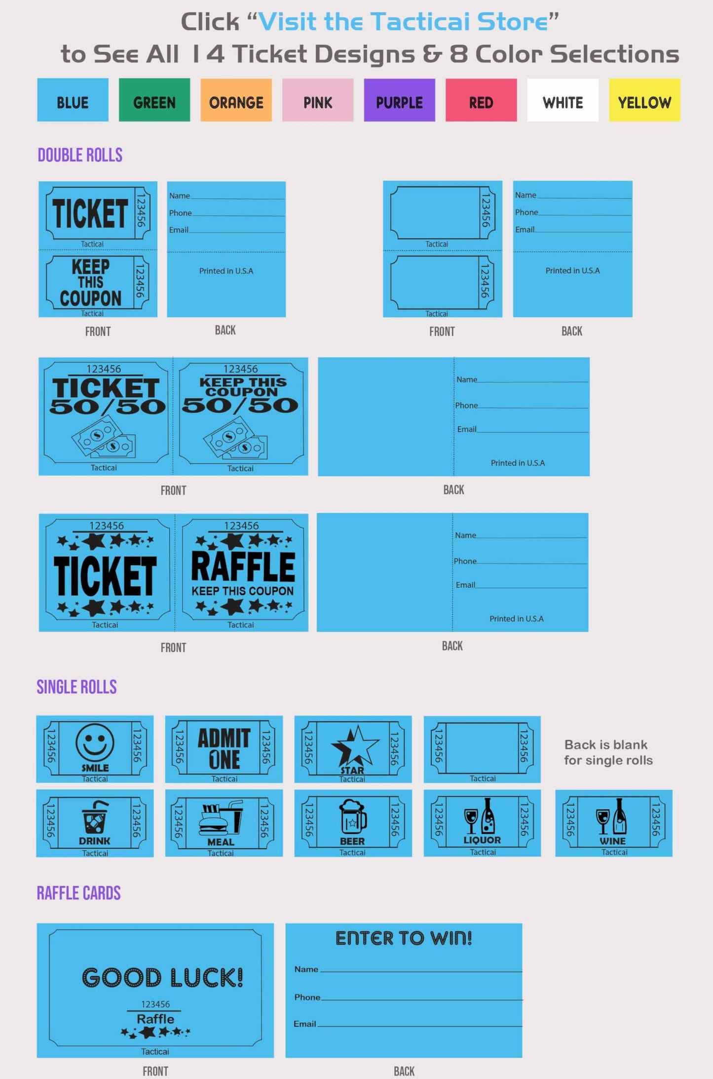 1000 Tacticai Raffle Tickets, Purple (8 Color Selection), Double Roll, Ticket for Events, Entry, Class Reward, Fundraiser & Prizes