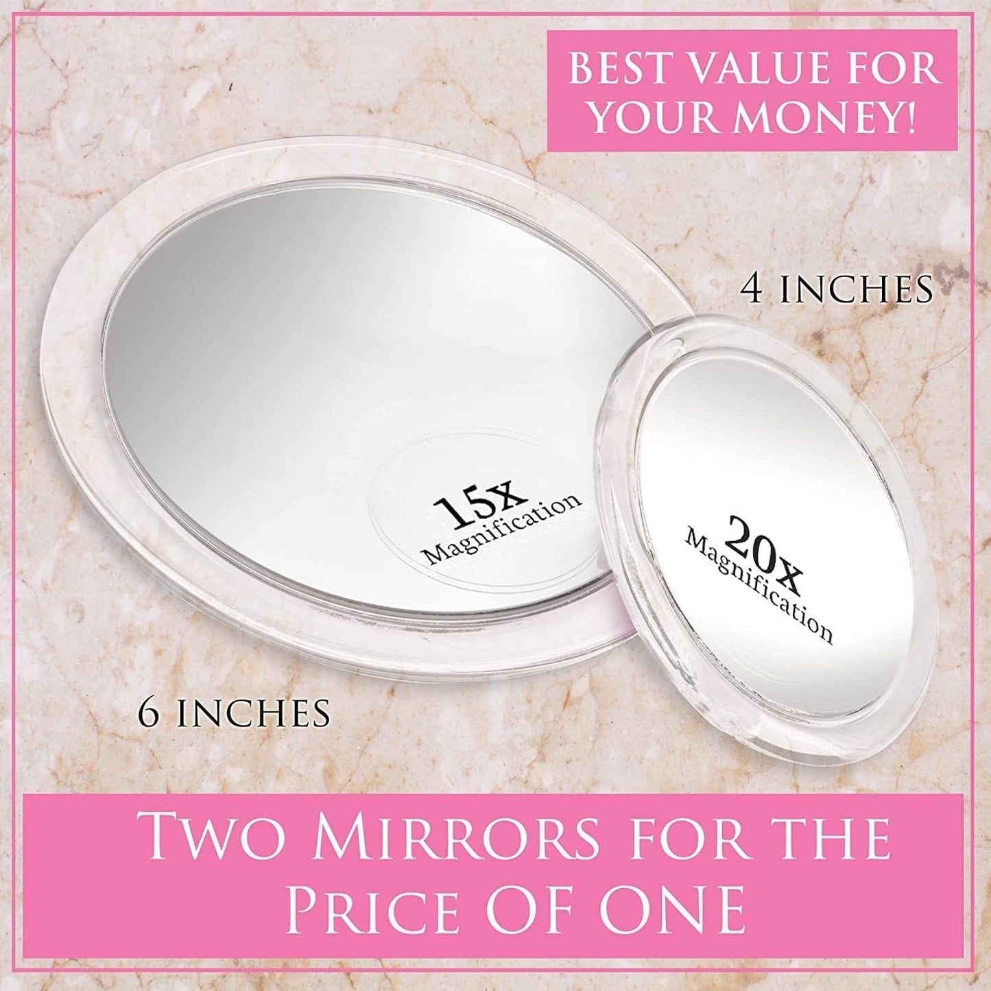 MIRRORVANA 20X & 15X Magnifying Mirror Set with 3 Suction Cups Each - Compact & Travel Ready Mirror for Makeup - Sizes: 6" and 4" Wide