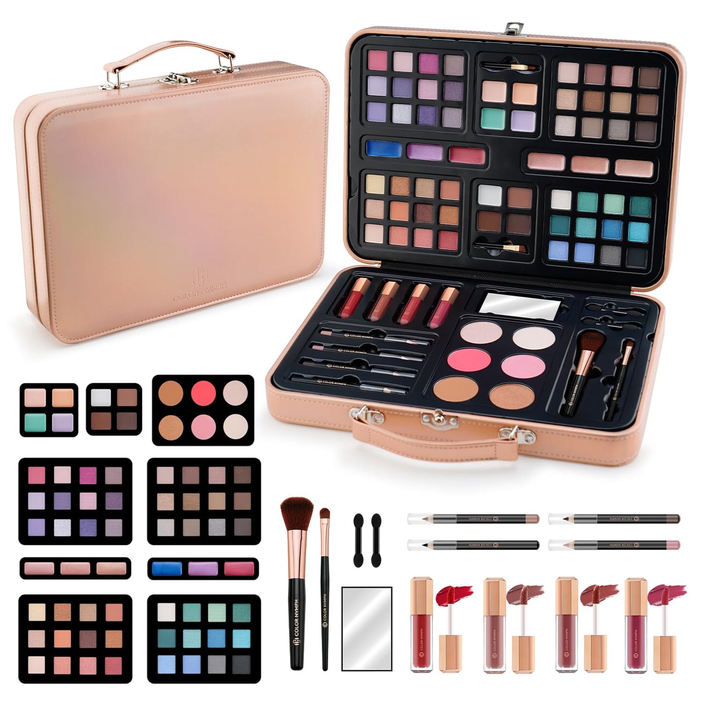 Multipurpose Makeup Kits for Teens Girls, Travel Makeup Set Non-toxic, Makeup Gift for Women Teen, Eyeshadows Blushes Bronzer Highlighter Concealer Lipgloss Eyeliner Lipliner Brushes Gold Case