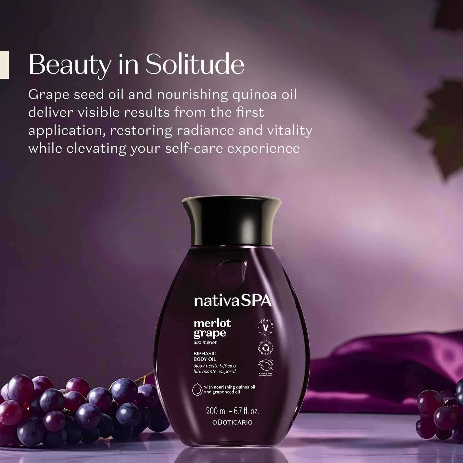 Nativa SPA by O Boticário Merlot Grape Biphase Body Oil, with Quinoa & Grapeseed Oils, Silky Glow with Hydration, 6.7 Ounce (200ml)