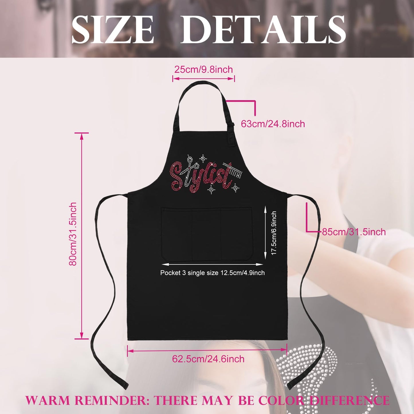 Coume 2 Pcs Hair Stylist Apron Hairstylist Salon Apron with Rhinestone Tools and 3 Pockets Waterproof Hairdresser Barber Aprons (Pink, Trendy and Simple)