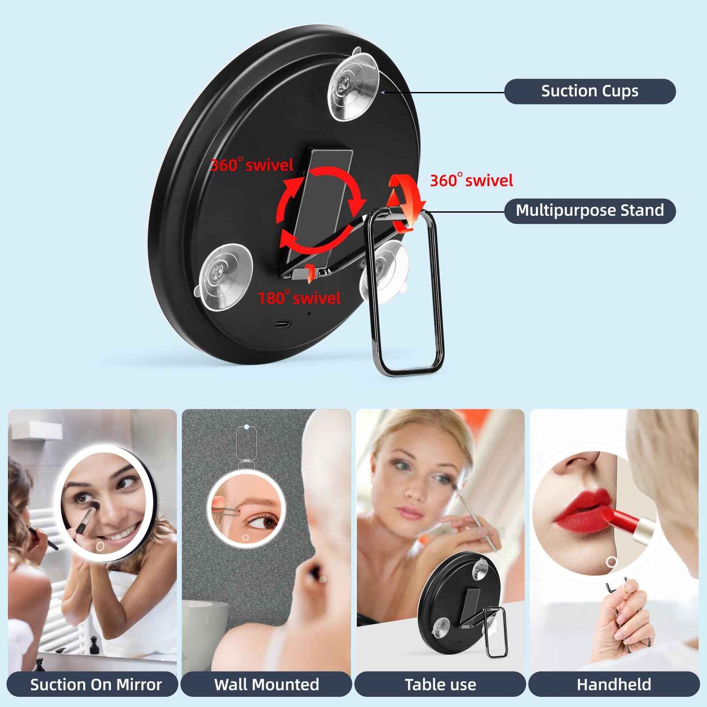 Jadazror 10X Magnifying Mirror with Lights, 6inch Makeup Magnifying Mirror 10X Lighted Magnification with Adjustable Stand & 3 Suction Cups - for Detailed Makeup,Shaving,Blackhead Blemish Removal