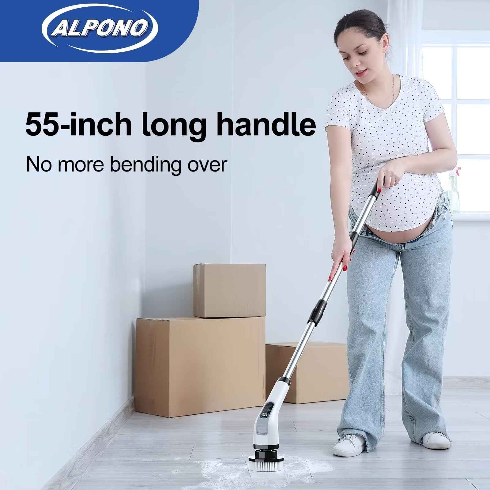 ALPONO Electric Spin Scrubber with Long Handle: Cordless Power Shower Scrubber - Spin Brush with 7 Brush Replacement Heads for Cleaning Bathroom,Tub, Tile, White, ALPONO-A11