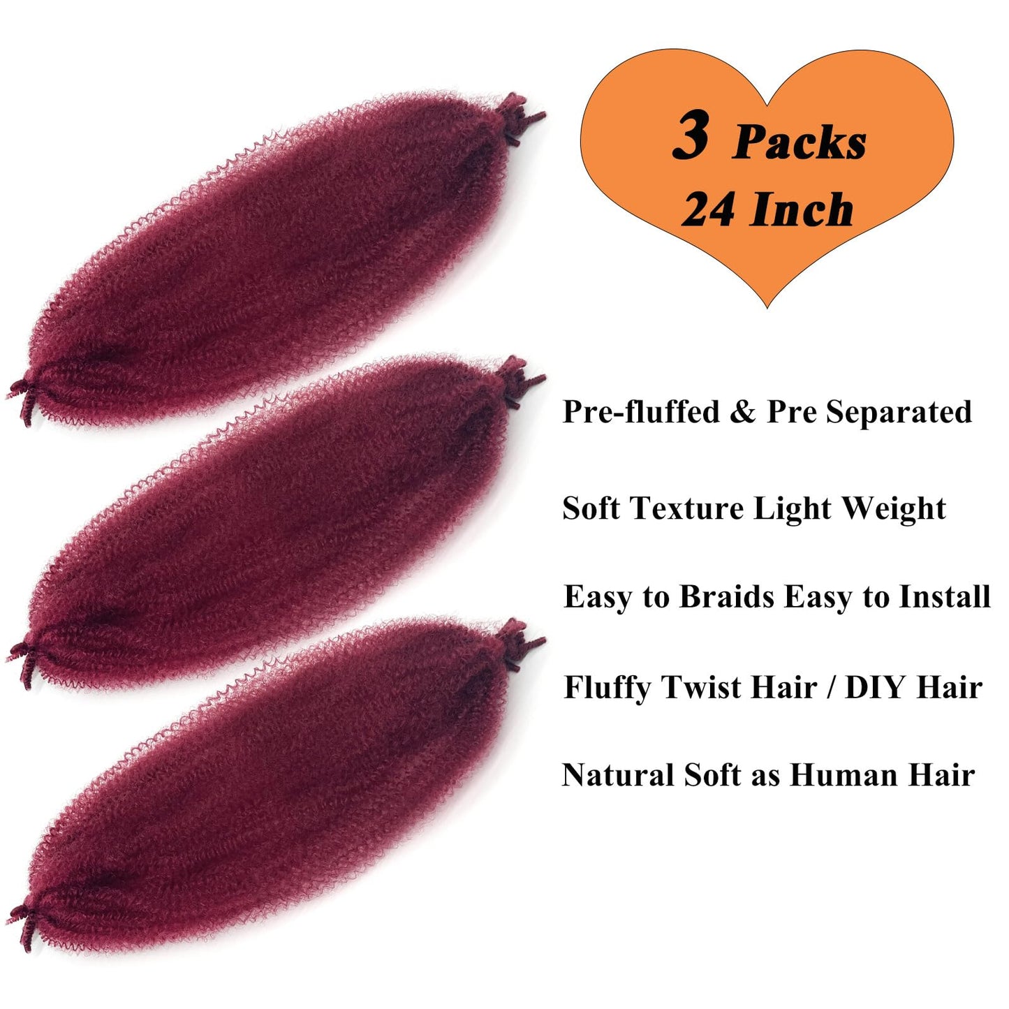 Pre Fluffed Burgundy Spring Twist Crochet Hair Marley Twist Braiding Hair 3 Packs Springy Afro Kinky Cuban Twist Hair 24 Inch for Soft Locs Jamaican Twist Up Braid Hair