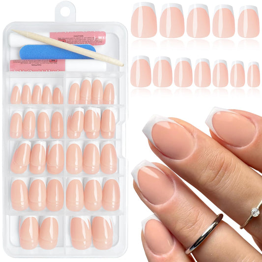 Bellelfin 120Pcs French Tip Press on Nails Coffin Nails Press ons Nude Acrylic Nails French Tips Short Ballerina French Tip Press on Artificial Glue on Nails for Women Girls