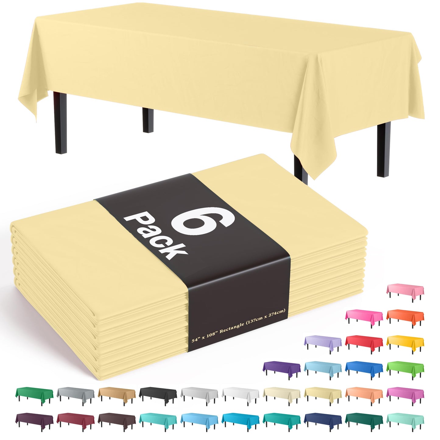 Exquisite 6-Pack Premium Plastic Tablecloth 54in. x 108in. Rectangle Plastic Table Cover - Light Yellow