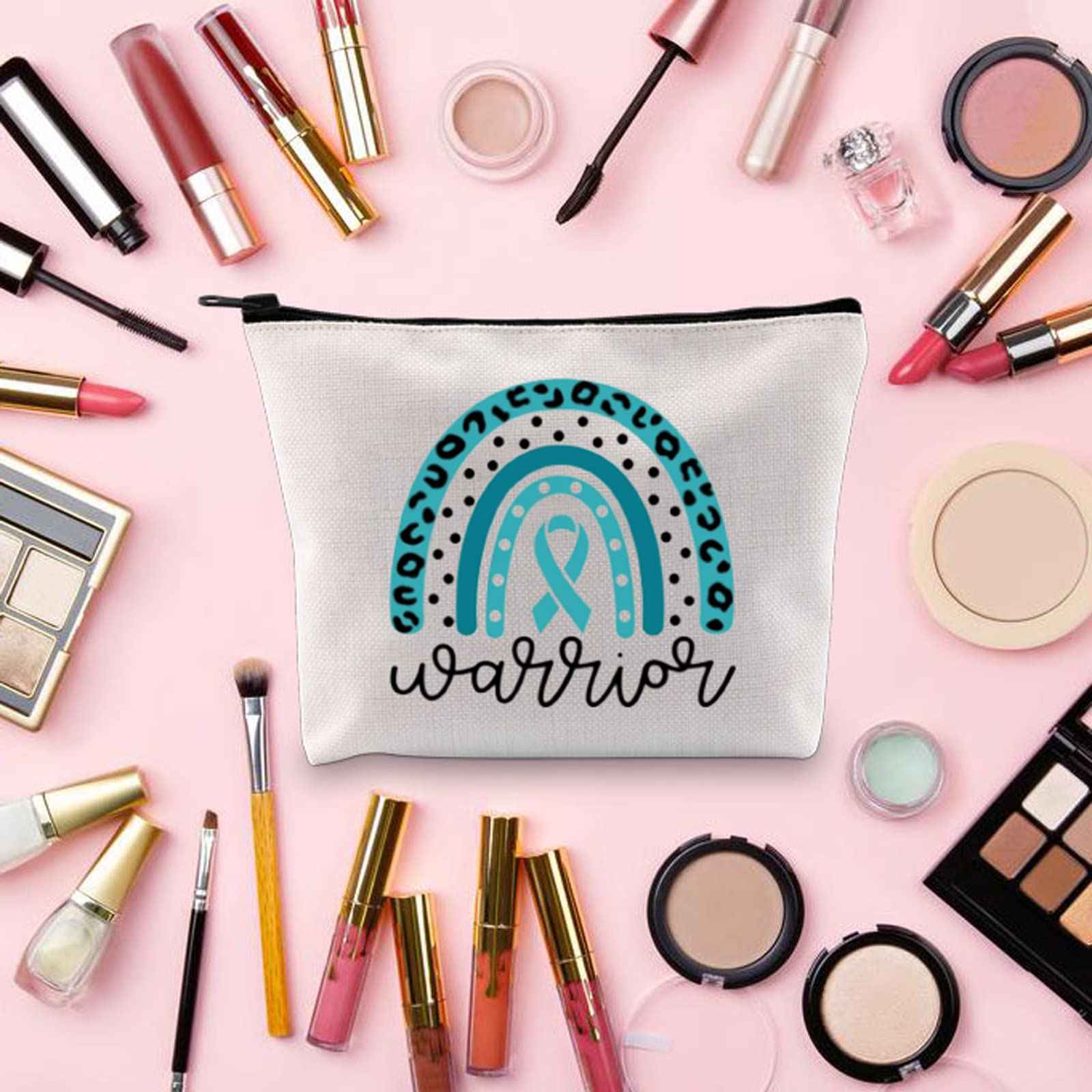 BLUPARK Ovarian Cancer Awareness Makeup Bag - Travel Cosmetic Case - Teal - 10x7.5x2 inches