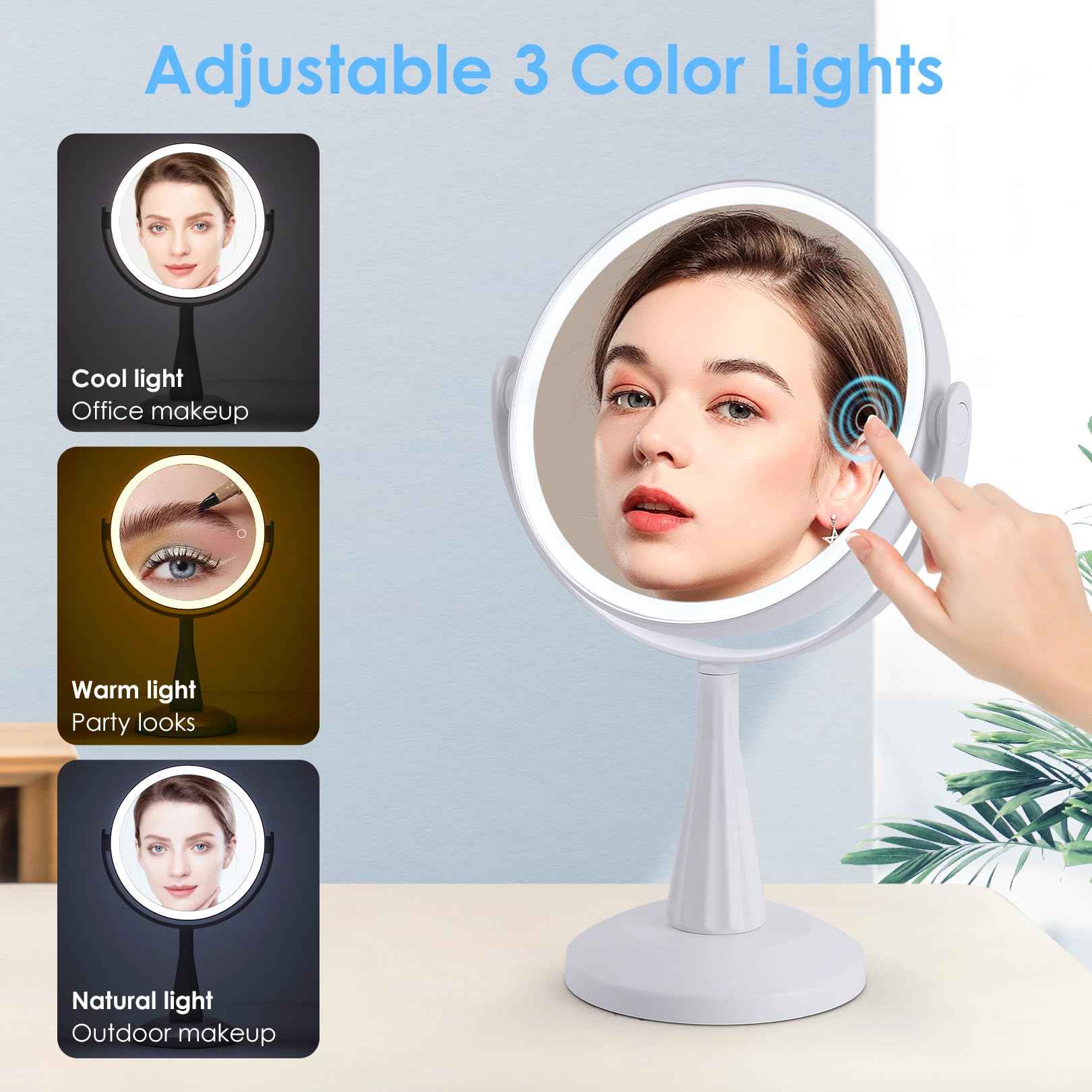 LUKYMIRO 1X 10x Magnifying Mirror with Lights, Double Sided 8" Lighted Makeup Mirror, Rechargeable, 360 Degree Rotation, White Plastic Frame, 8.6" L x 8.6" W x 13.8" H, Modern, Bathroom, Beauty, Home