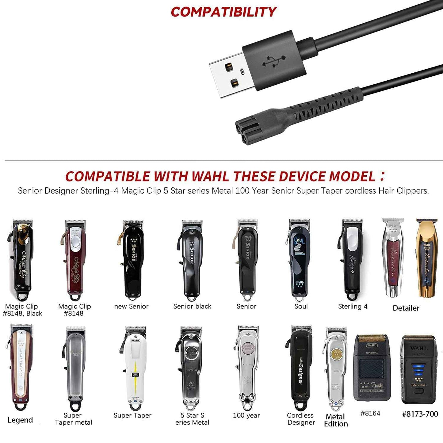 Anrom Replacement Charger Cord USB for Wahl Clipper, 2m/6.6FT Charging Cable for Wahl Magic Senior Detailer Legend Cordless Clippers, for Finale & Vanish Shaver #8164/8173/8591/8148/8504/8171/1919