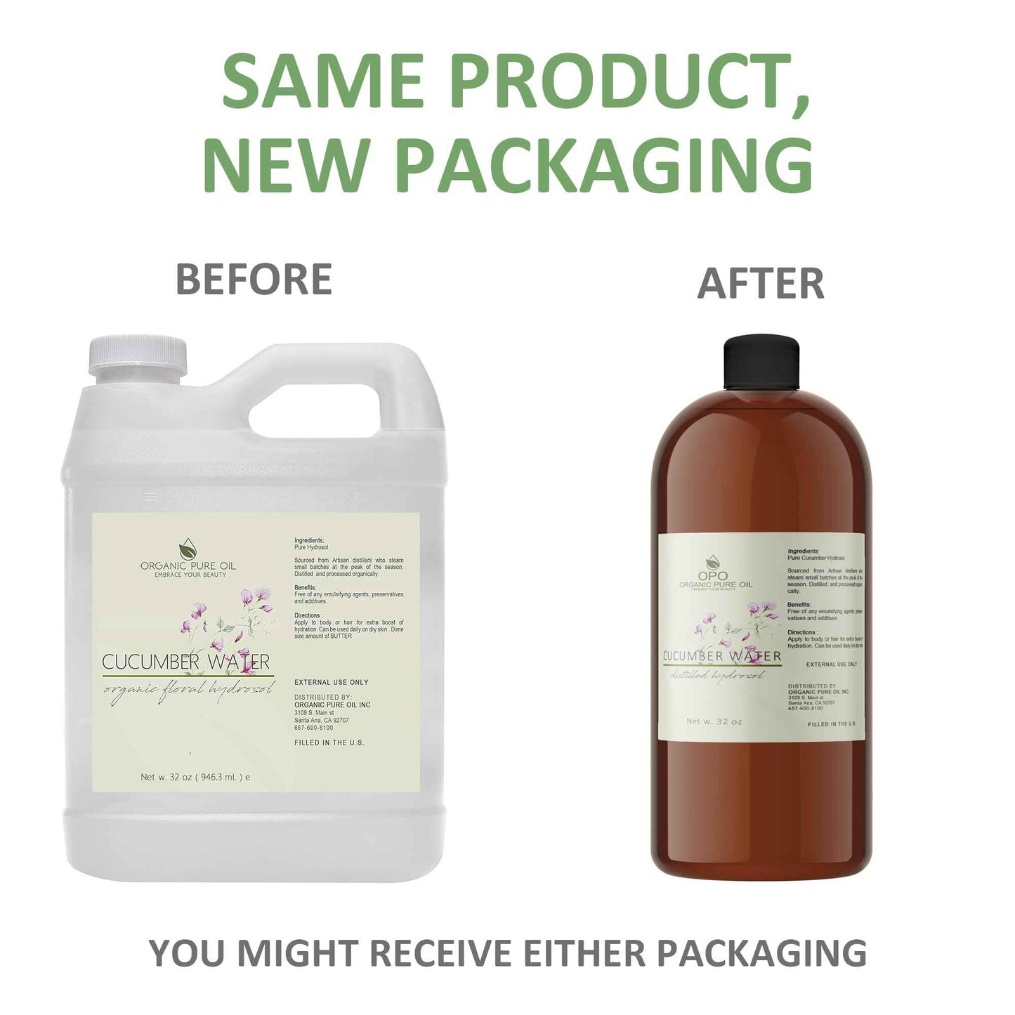 OPO Cucumber Hydrosol - Pure Steam Distilled Hydrating Floral Water Bulk Refill 32 oz - 1 Quart for Skin Hair Face, Greasy, Oily Skin Hair Locs Face Cleansing Toning Spray - Packaging May Vary