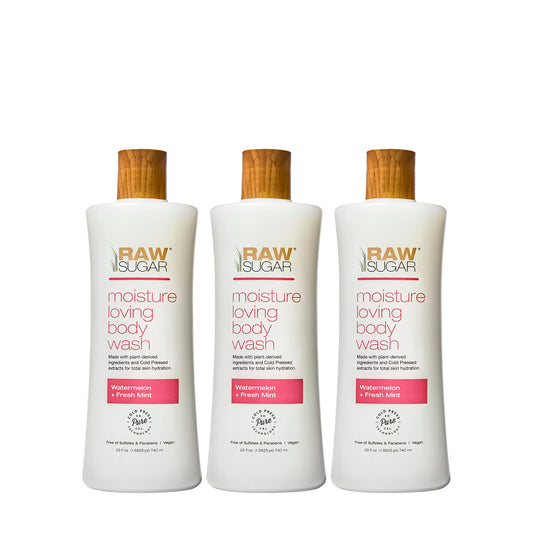 RAW SUGAR Moisture Loving Body Wash - Watermelon + Fresh Mint, Moisturizing & Refreshing Bath & Shower Gel, Sulfate-Free, Paraben-Free & Vegan (Pack of 3)