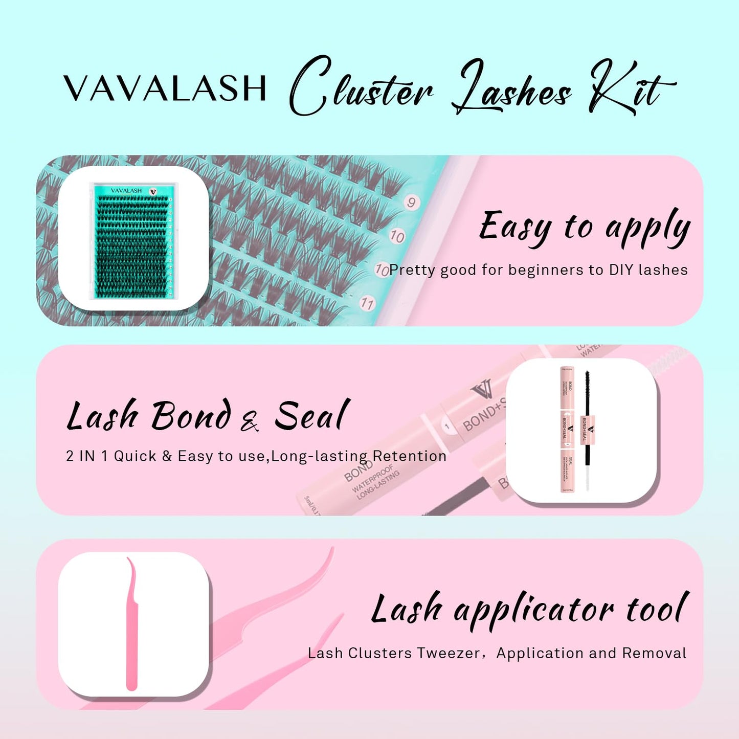 VAVALASH DIY Lash Extension Kit 300 PCS Individual Cluster Lashes Kit 30D 0.07-D-9-16mm Lash Clusters, Lash Bond and Seal, Lash Tweezer for DIY Eyelash Extension at Home（Kit-30D-0.07-D-9-16MIX）