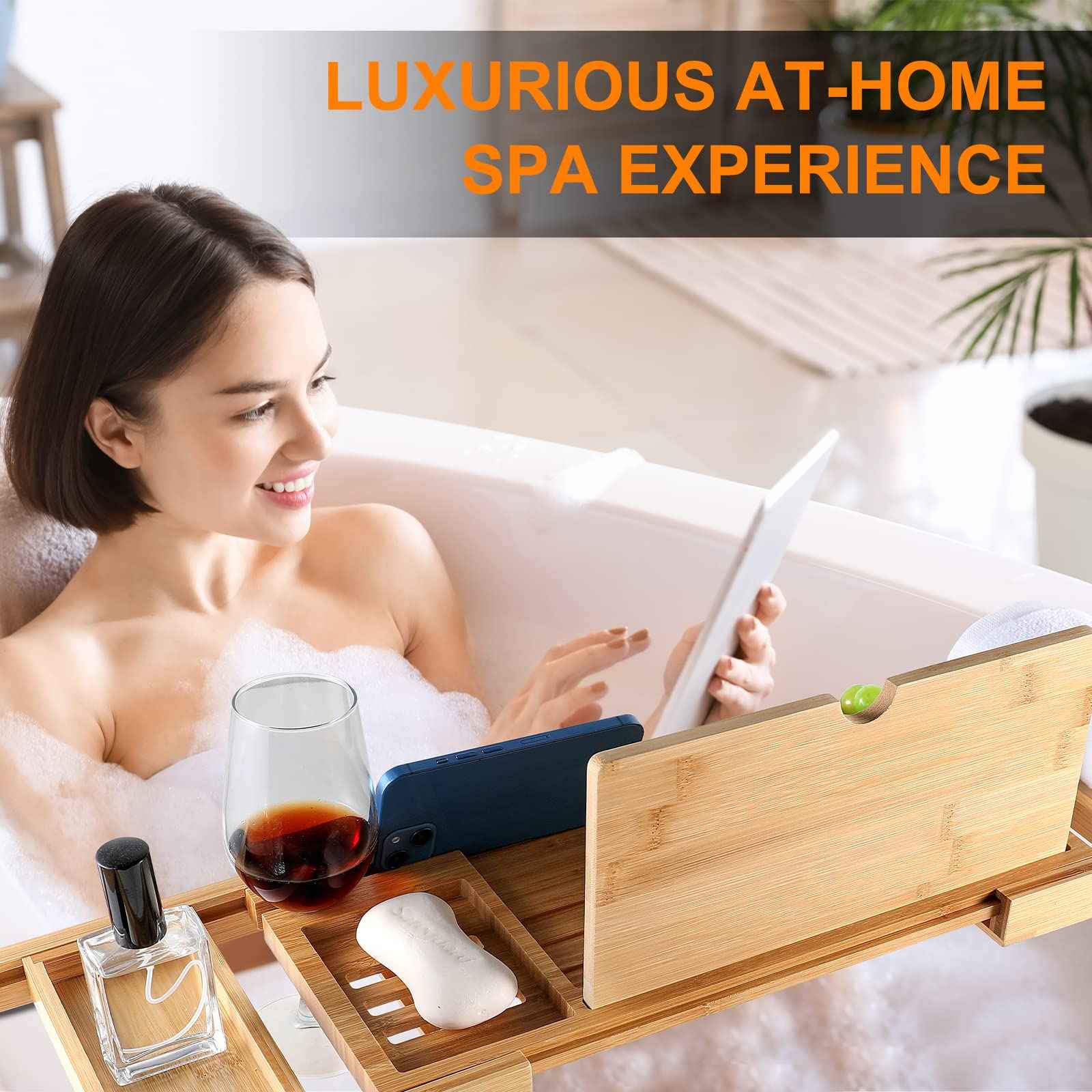 Premium Bamboo Bathtub Caddy Tray with Extending Sides, Adjustable Wood Bath Tray for Luxury Bath, Fits Most Tubs, Accessories Gift Idea