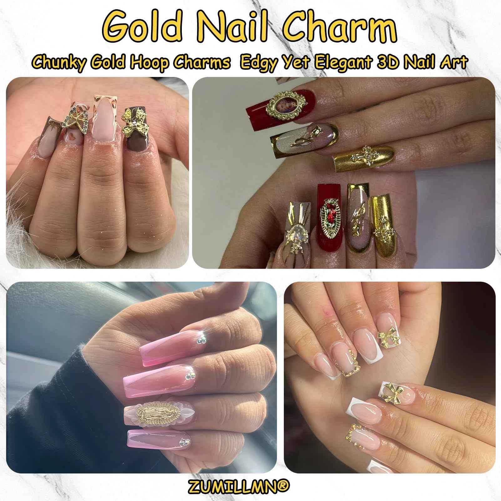ZUMILLMN 96PCS 3D Nail Charms - Gold Alloy Bow, Rose,Butterfly,Cross,Star,Virgin Mary & Coin Charms, Shiny Nail Rhinestones for Nail Art, Manicure, DIY Jewelry Making（96pcs）