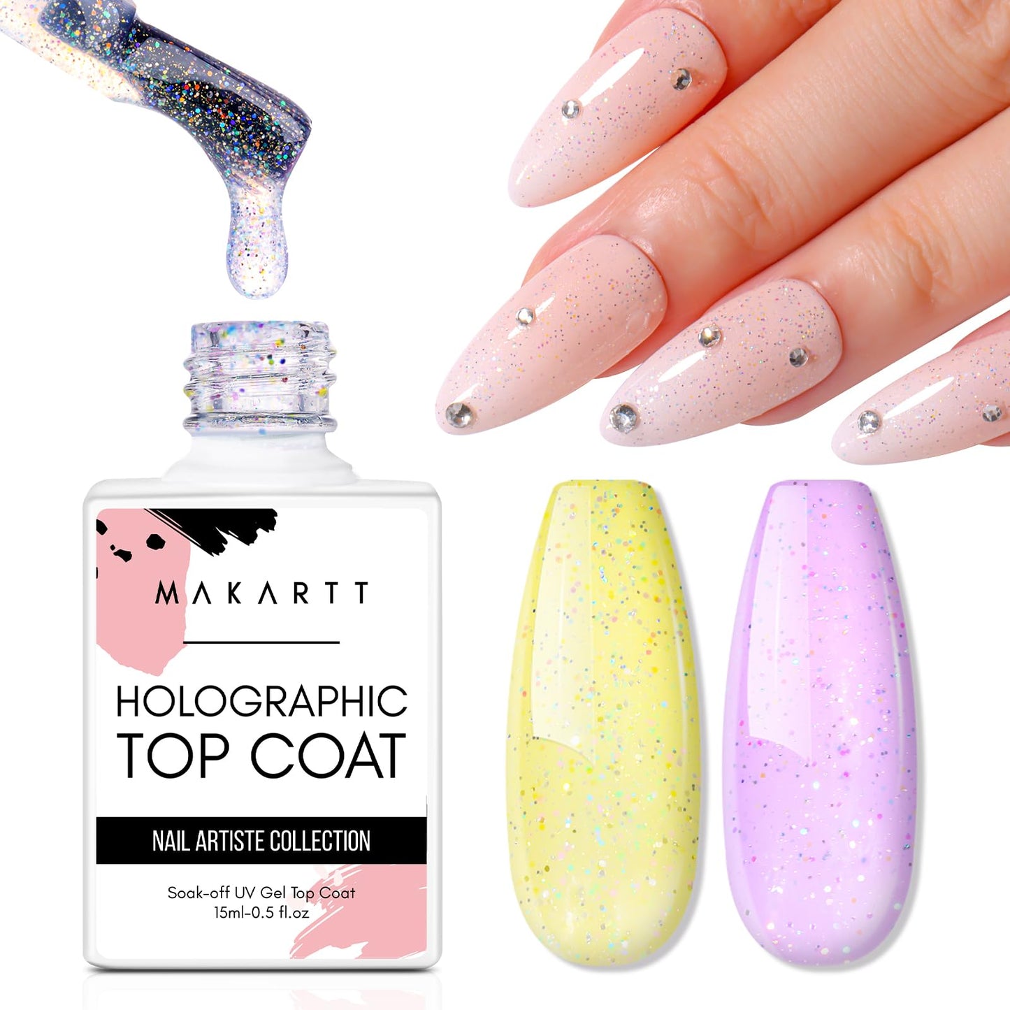 Makartt Glitter Gel Top Coat, No Wipe Gel Top Coat Nail Polish 15ML, High Gloss Gel Top Coat for Acrylic Nails Soak Off Holographic Gel Top Shiny Finish Long Lasting for Nail Salon & Home DIY