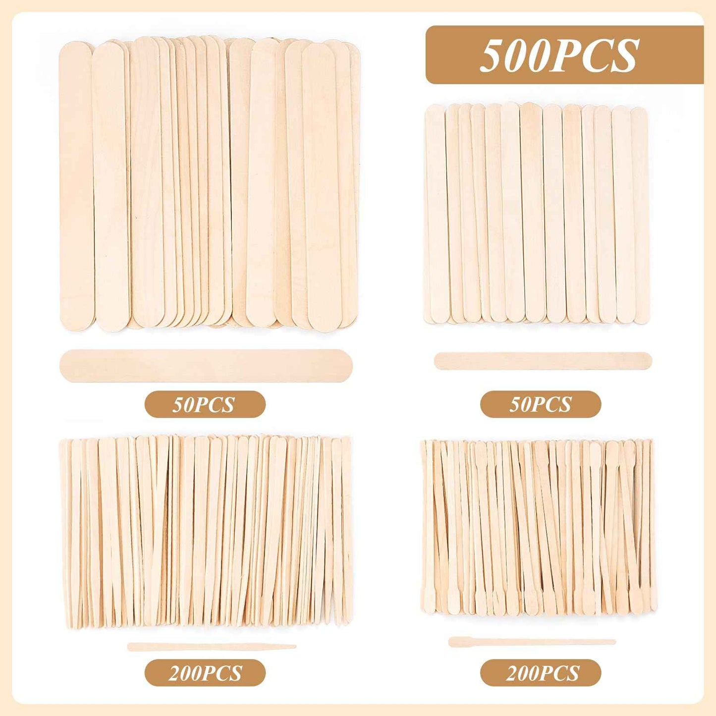 WoBiogHo 500 Pcs 4 Style Waxing Sticks Assorted Wooden Wax Applicator Stick for Body Legs Face Eyebrows and Small Medium Large Sizes Waxing Spatulas Popsicle Stick for Hair Removal Wood Craft Sticks