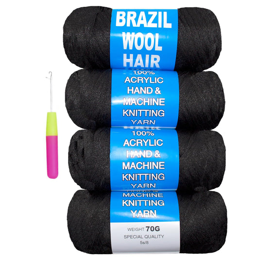 4 Roll Natural Black Brazilian Wool Hair Yarn for Jumbo Braids Braiding Hair for Soft Faux Locs Goddess Locs Hair Extension Senegalese Twist Crochet Hair for Black Women (1B, 4Roll)