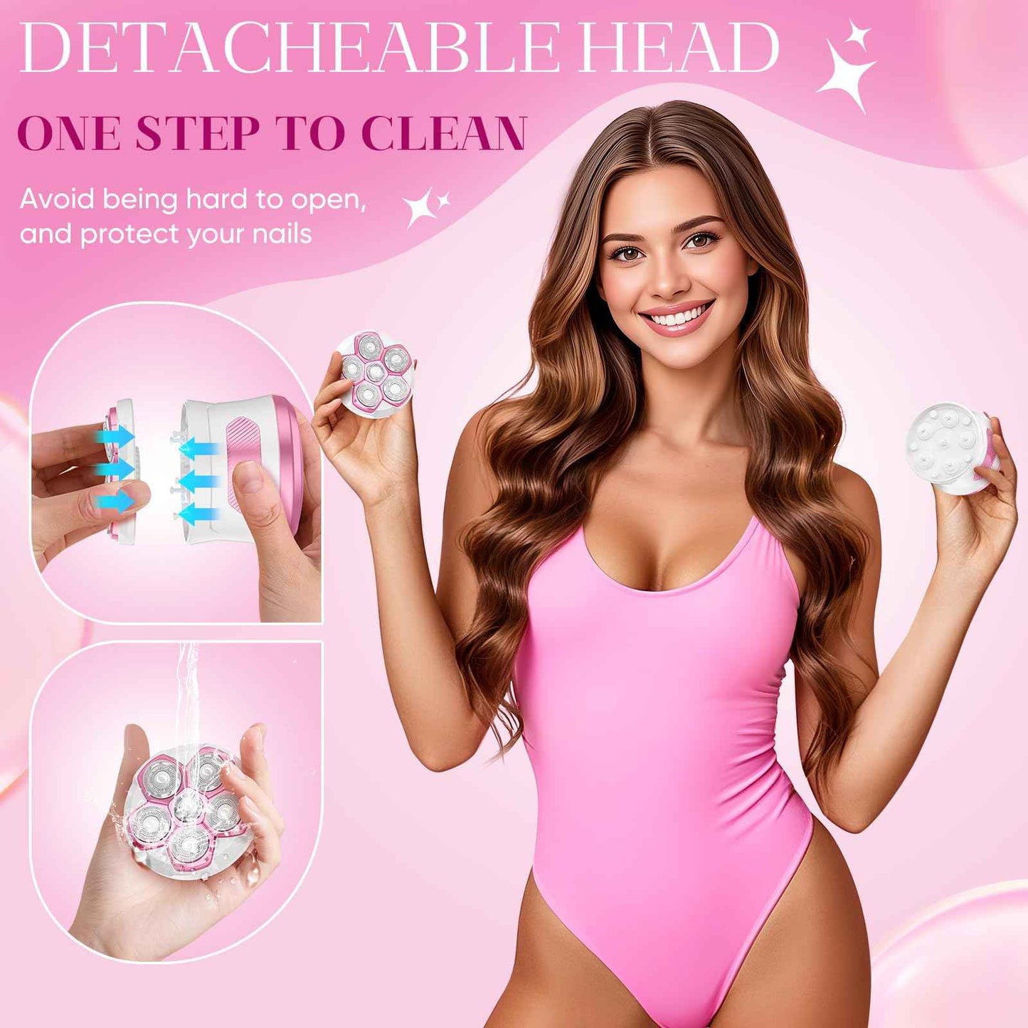 Electric Razors for Women - Flawless Women's Electric Body Shaver, Waterproof Wet Dry Hair Remover with Detachable Head, Easy to Hold with Anti-Slip Strips, Cherry