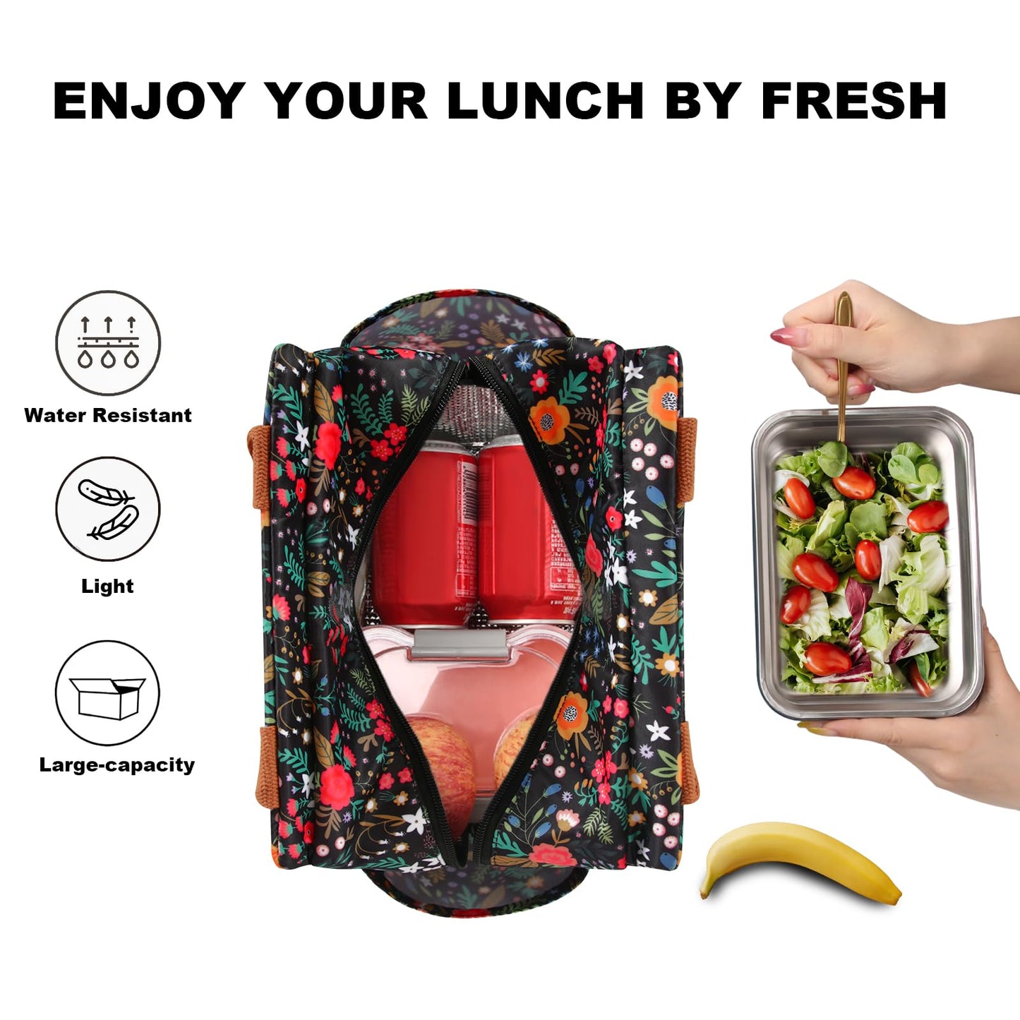 Joymee Lunch Bag Women Insulated Lunch Box Reusable Leakproof Large Spacious Cooler Tote for Womens Mens Adults with Bottle Holder and Side Pockets for Work Office Travel Picnic - Multi-Floral