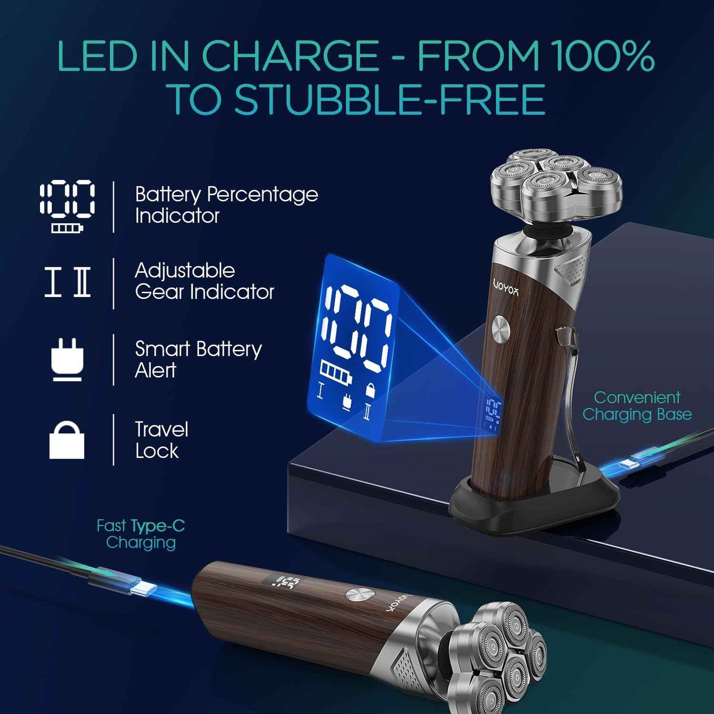 VOYOR Electric Razor for Men - 5D Floating Shavers for Men Magnetic Electric Shaver Rechargeable Face Shaver LED Display Wet Dry Shaving IPX6 Waterproof Mens Rotary Razor TX500 (Woodgrain)