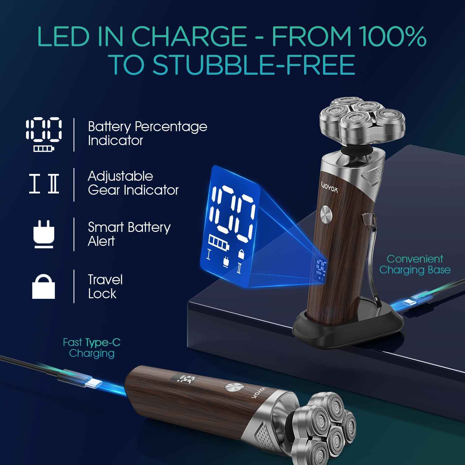 VOYOR Electric Razor for Men - 5D Floating Shavers for Men Magnetic Electric Shaver Rechargeable Face Shaver LED Display Wet Dry Shaving IPX6 Waterproof Mens Rotary Razor TX500 (Woodgrain)