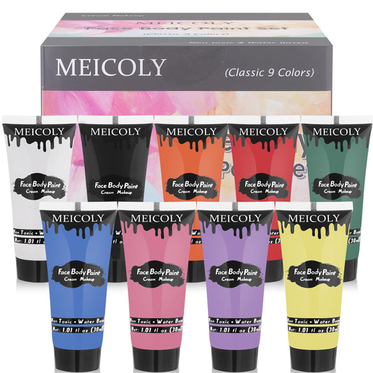 MEICOLY 9 Colors Face Body Paint Set,1.01x9oz/Box,Kids and Adults Water Based Face Paint Kit,Safe Cream Body Paint for Skin,Face Painting for Halloween SFX Cosplay Makeup Stage Performance,Vegan