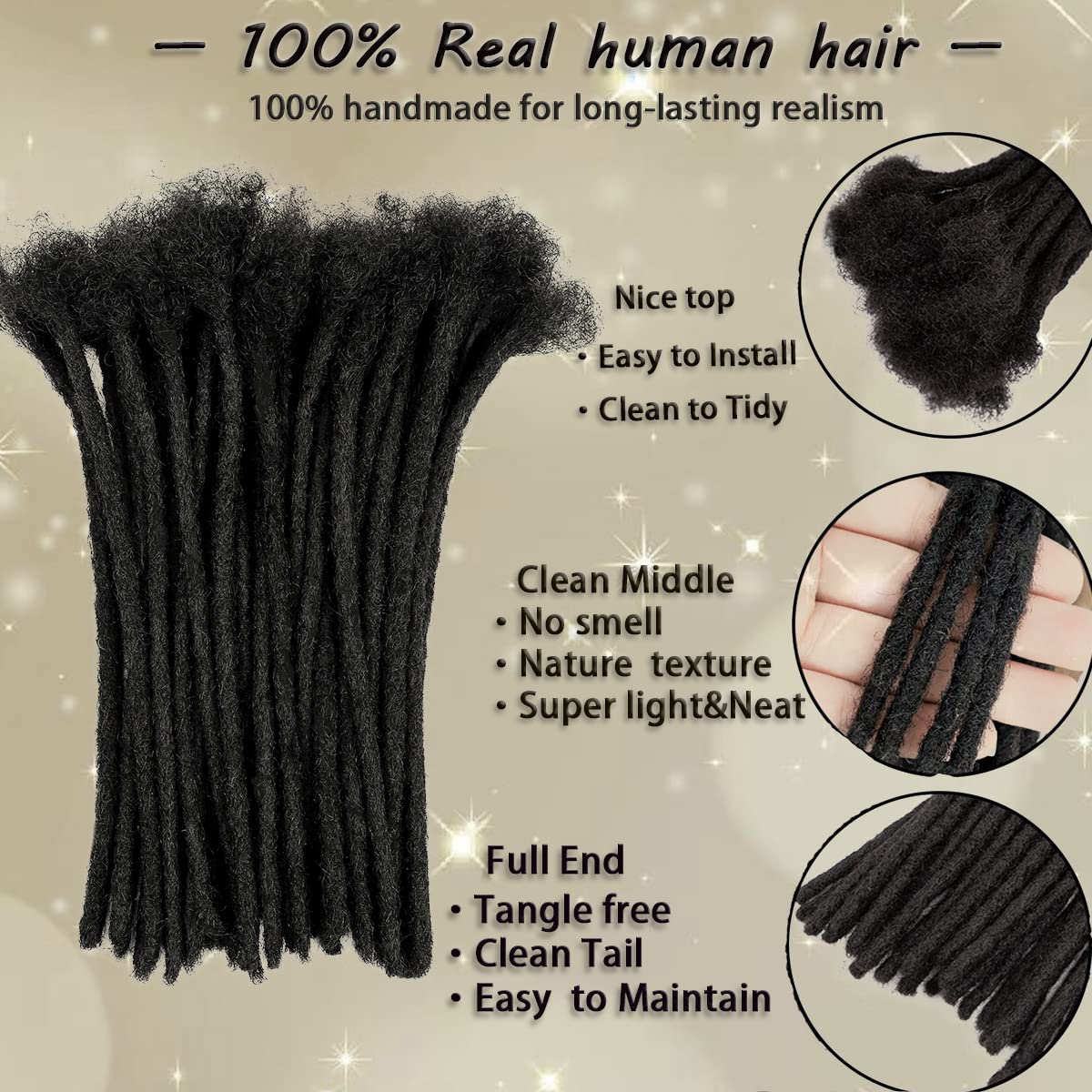 Medium 0.8cm Width 12 Inch 10 Strands 100% Human Hair Dreadlock Extensions for Men/Women/Kids 0.8cm Width Full Hand-made Permanent Dread Loc Extensions Human Hair Can be Dyed and Bleached