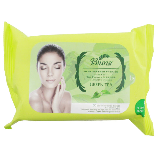 Bluna Facial Make-Up Cleansing Tissue for All Skin Types, Green Tea, 30ct per pack (4 PACK)