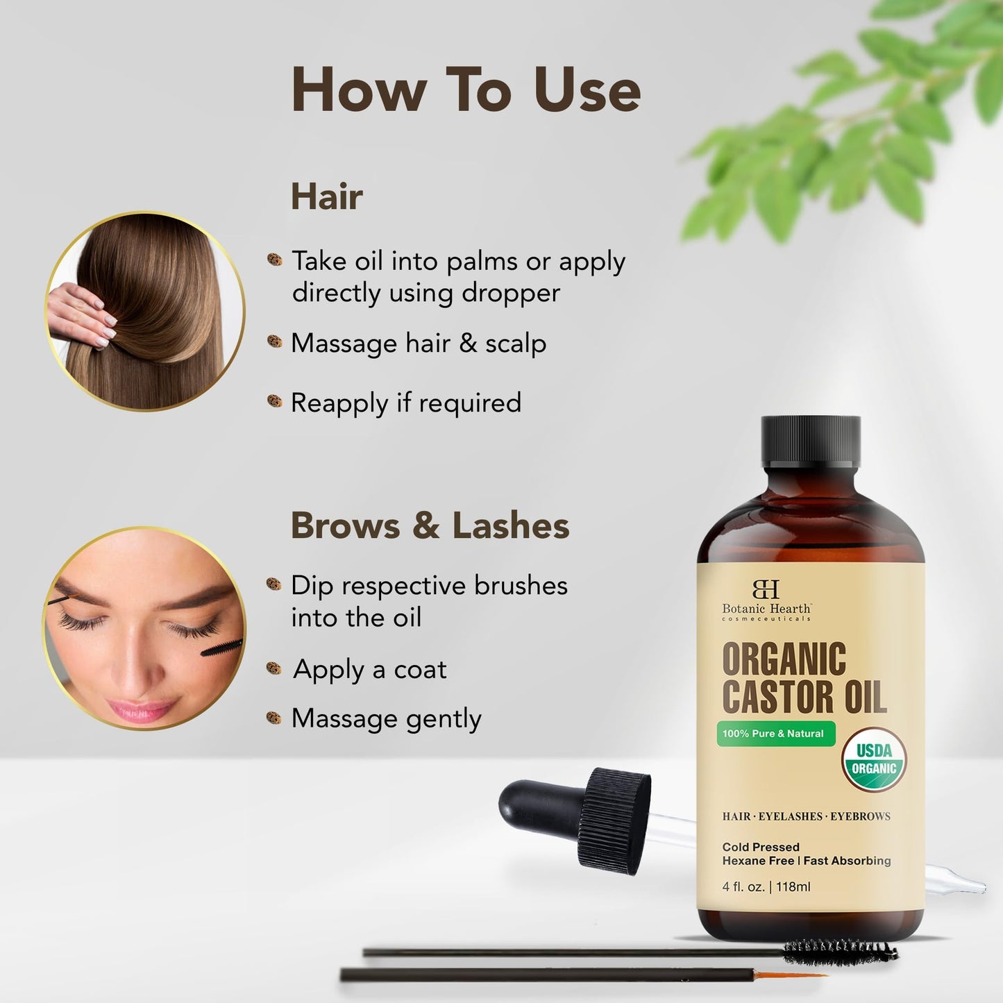 Botanic Hearth Castor Oil | USDA Certified Organic |100% Pure & Hexane Free | Cold Pressed | Growth for Eyelashes, Eyebrows, Hair | With Eyebrow & Eyelash Brush | 4fl oz