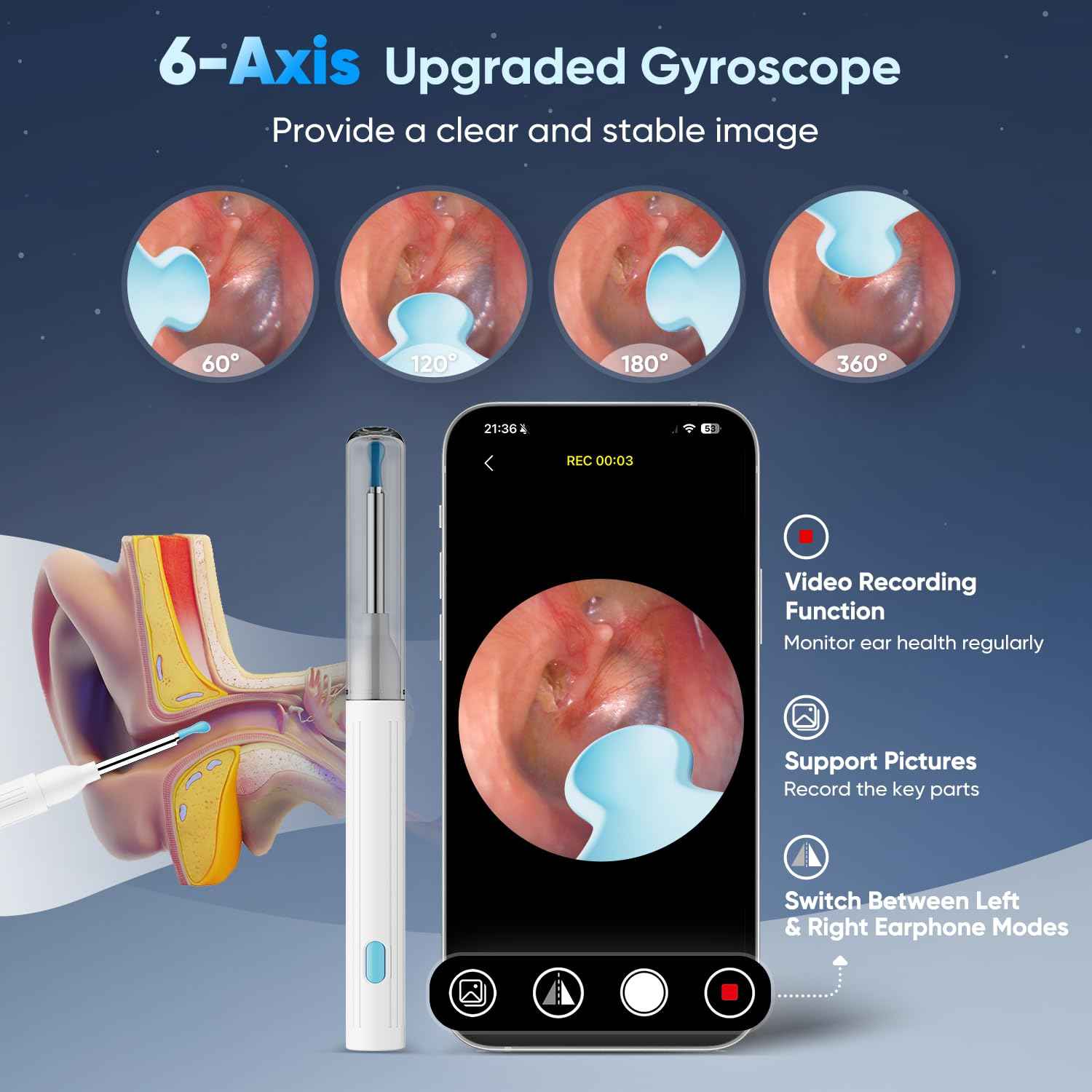 Ear Wax Removal, Ear Wax Removal Tool with 8 Kits & 5 Ear Spoon, Ear Cleaner with 2400P Camera with 6 LED Lights, Ear Wax Removal Kit for iOS & Android (White)