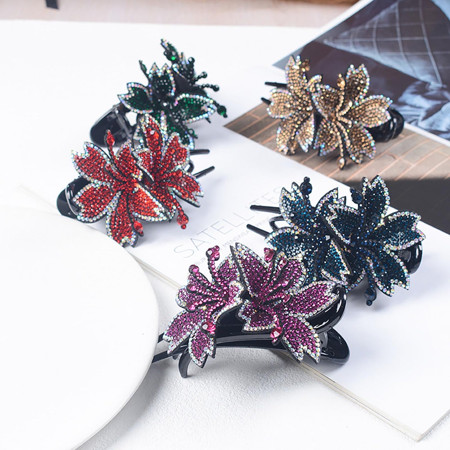 5Pcs Shiny Crystal Hair Clips,Double Flower Hair Clip,Cute Flower Duckbill Hair Clip for Thick Hair,Fancy Rhinestones Hair Accessories,Decorative Hair Clips for Women（Red Blue Green Gold Purple）