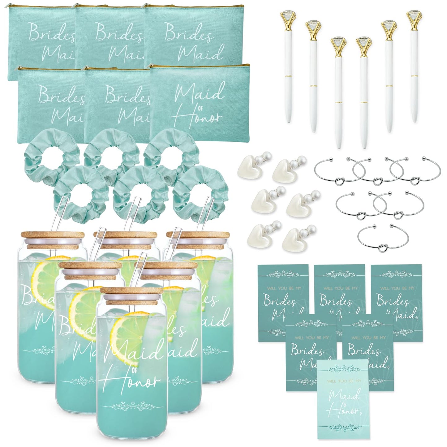 42 pcs Bridesmaid gifts bridesmaid proposal gifts, Maid of Honor Gifts contain 16oz Glass Cups Cosmetic Makeup Bags Invited Cards Scrunchies Hair Knotted Bracelets Diamond Pens love clip (Green)