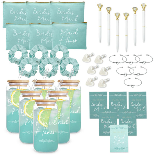 42 pcs Bridesmaid gifts bridesmaid proposal gifts, Maid of Honor Gifts contain 16oz Glass Cups Cosmetic Makeup Bags Invited Cards Scrunchies Hair Knotted Bracelets Diamond Pens love clip (Green)