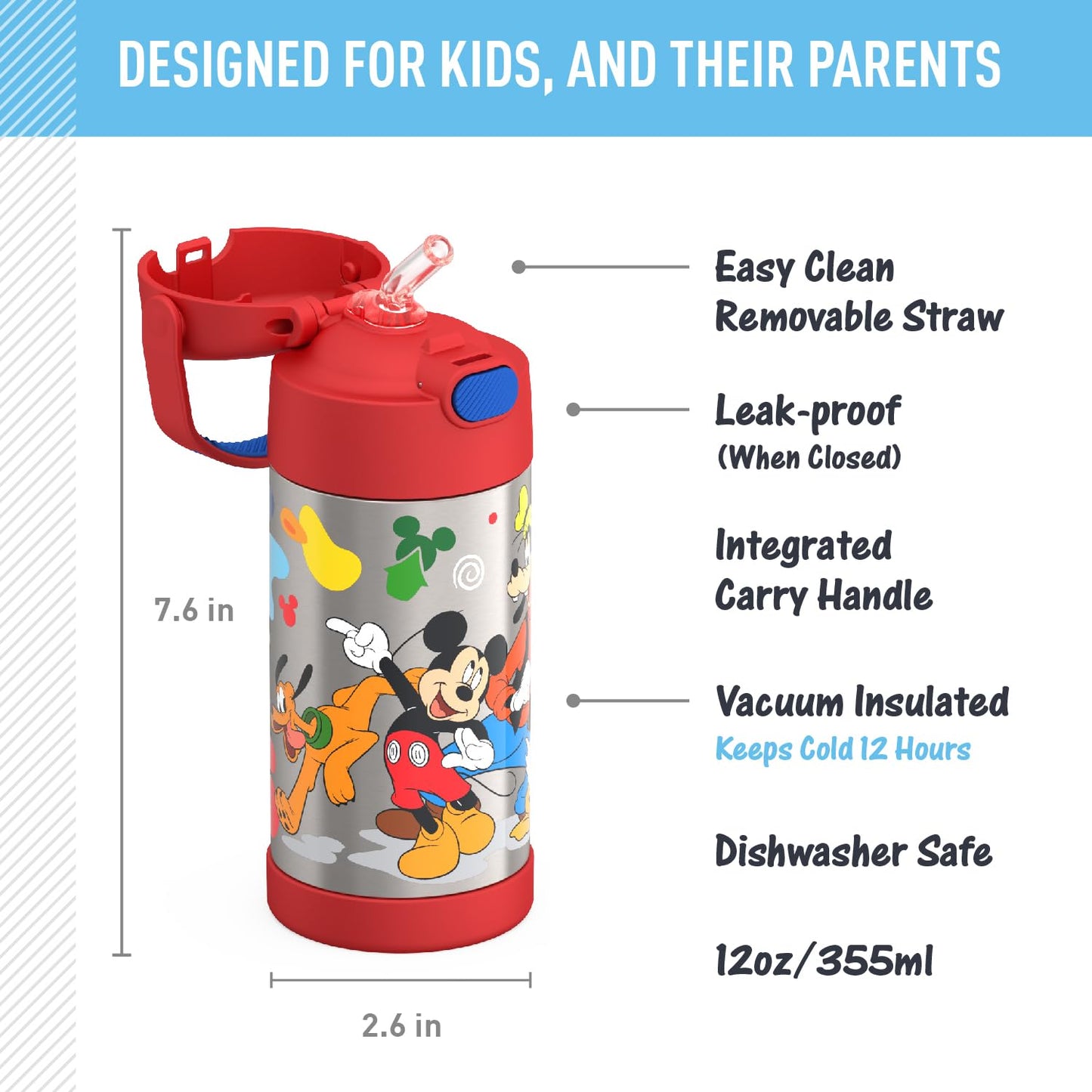 THERMOS FUNTAINER Water Bottle with Straw - 12 Ounce, Mickey Mouse - Kids Stainless Steel Vacuum Insulated Water Bottle with Lid